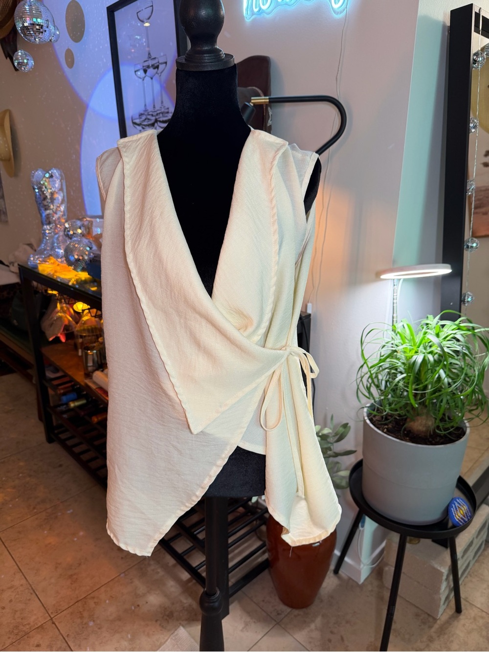 Sleeveless Cream Wrap Top with Side Tie